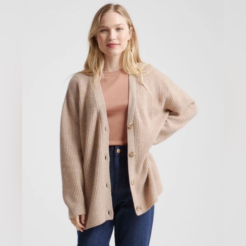 Quince 100% Cashmere Oversized Boyfriend Cardigan Camel